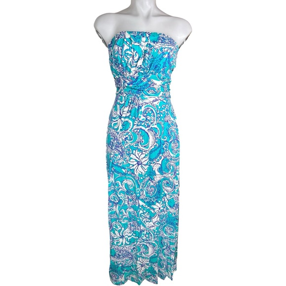 Lilly Pulitzer Holbrook Maxi Dress Sea Foam Blue Paisley Strapless Size S - Picture 2 of 15